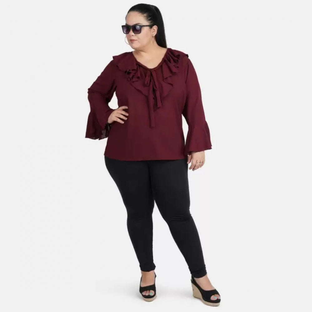 Generic Women's Casual Bell Sleeve Solid Maroon Top (Color:Maroon, Material:Georgette)