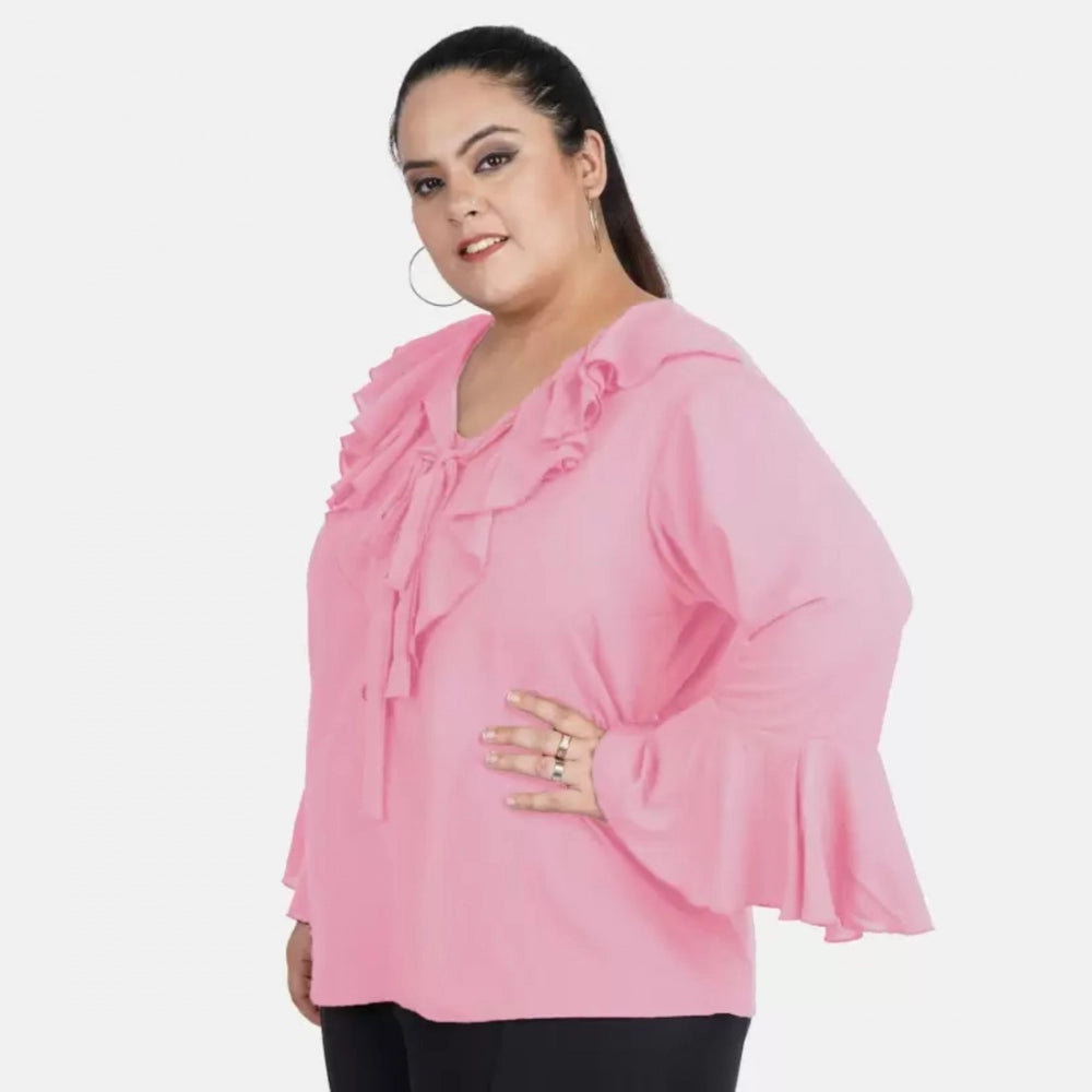 Generic Women's Casual Bell Sleeve Solid Pink Top (Color:Pink, Material:Georgette)