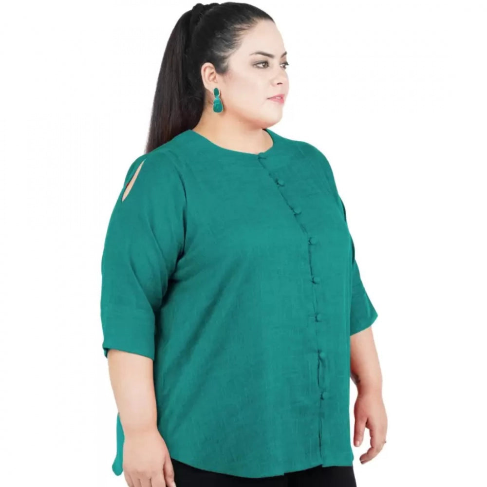 Generic Women's Casual Solid Green Top (Color:Green, Material:Cotton Linen Blend)