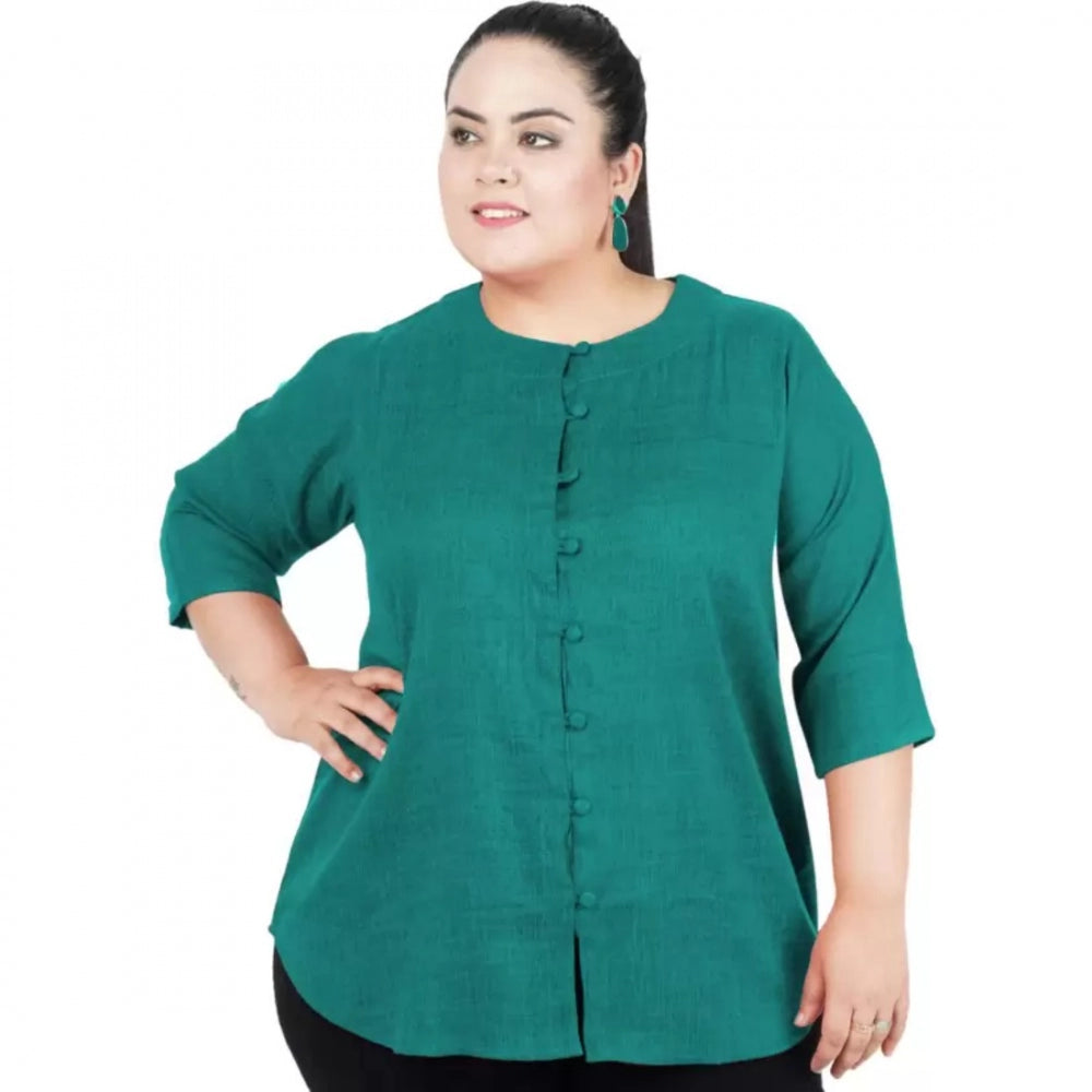 Generic Women's Casual Solid Green Top (Color:Green, Material:Cotton Linen Blend)