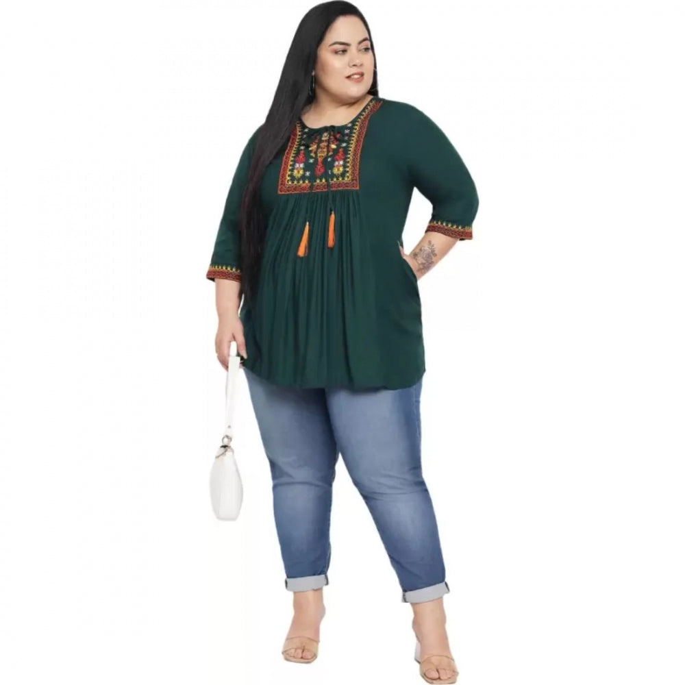 Generic Women's Casual Embroidered Dark Green Top (Color:Dark Green, Material:Rayon)