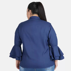 Generic Women's Casual Bell Sleeve Solid Blue Top (Color:Blue, Material:Crepe)