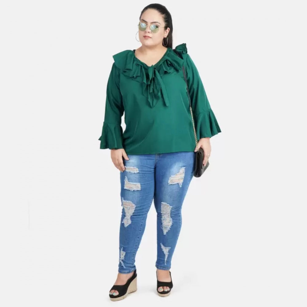 Generic Women's Casual Bell Sleeve Solid Green Top (Color:Green, Material:Georgette)