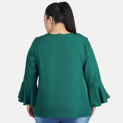 Generic Women's Casual Bell Sleeve Solid Green Top (Color:Green, Material:Georgette)