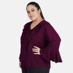 Generic Women's Casual Bell Sleeve Solid Purple Top (Color:Purple, Material:Georgette)