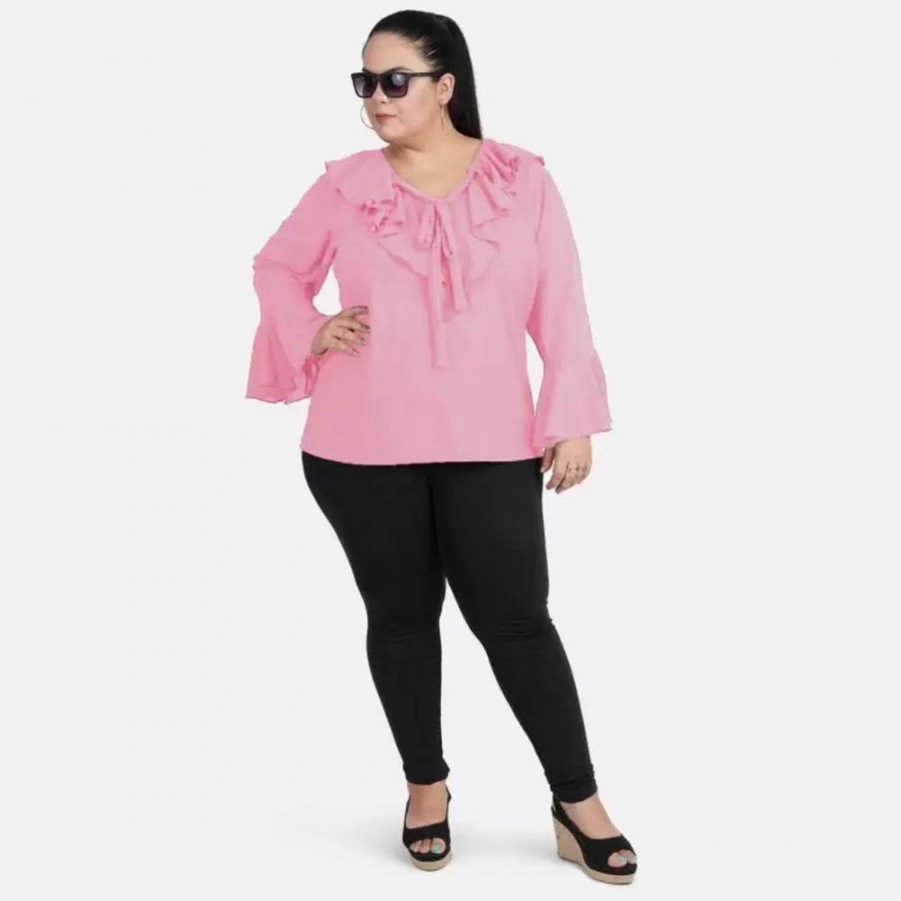 Generic Women's Casual Bell Sleeve Solid Pink Top (Color:Pink, Material:Georgette)