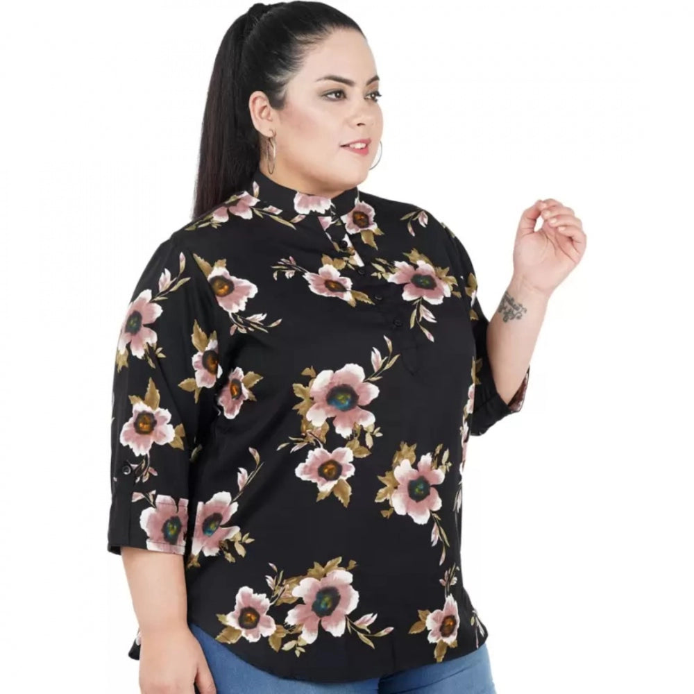 Generic Women's Casual Three Fourth Sleeve Printed Black Top (Color:Black, Material:Poly Crepe)