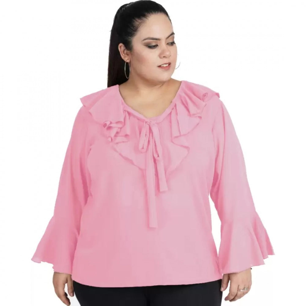 Generic Women's Casual Bell Sleeve Solid Pink Top (Color:Pink, Material:Georgette)