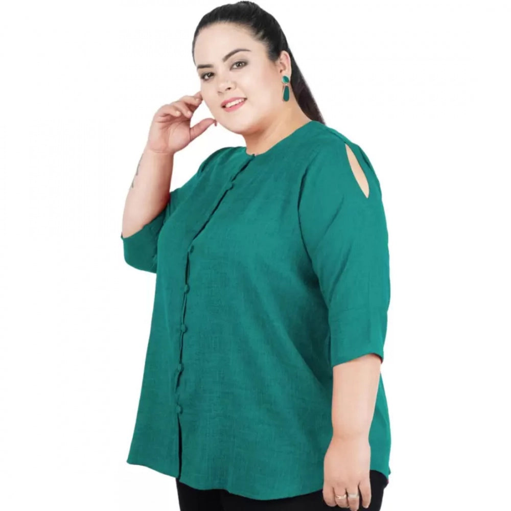 Generic Women's Casual Solid Green Top (Color:Green, Material:Cotton Linen Blend)