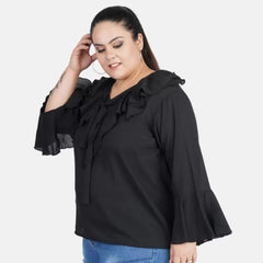 Generic Women's Casual Bell Sleeve Solid Black Top (Color:Black, Material:Georgette)