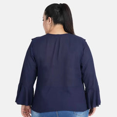 Generic Women's Casual Bell Sleeve Solid Blue Top (Color:Blue, Material:Georgette)