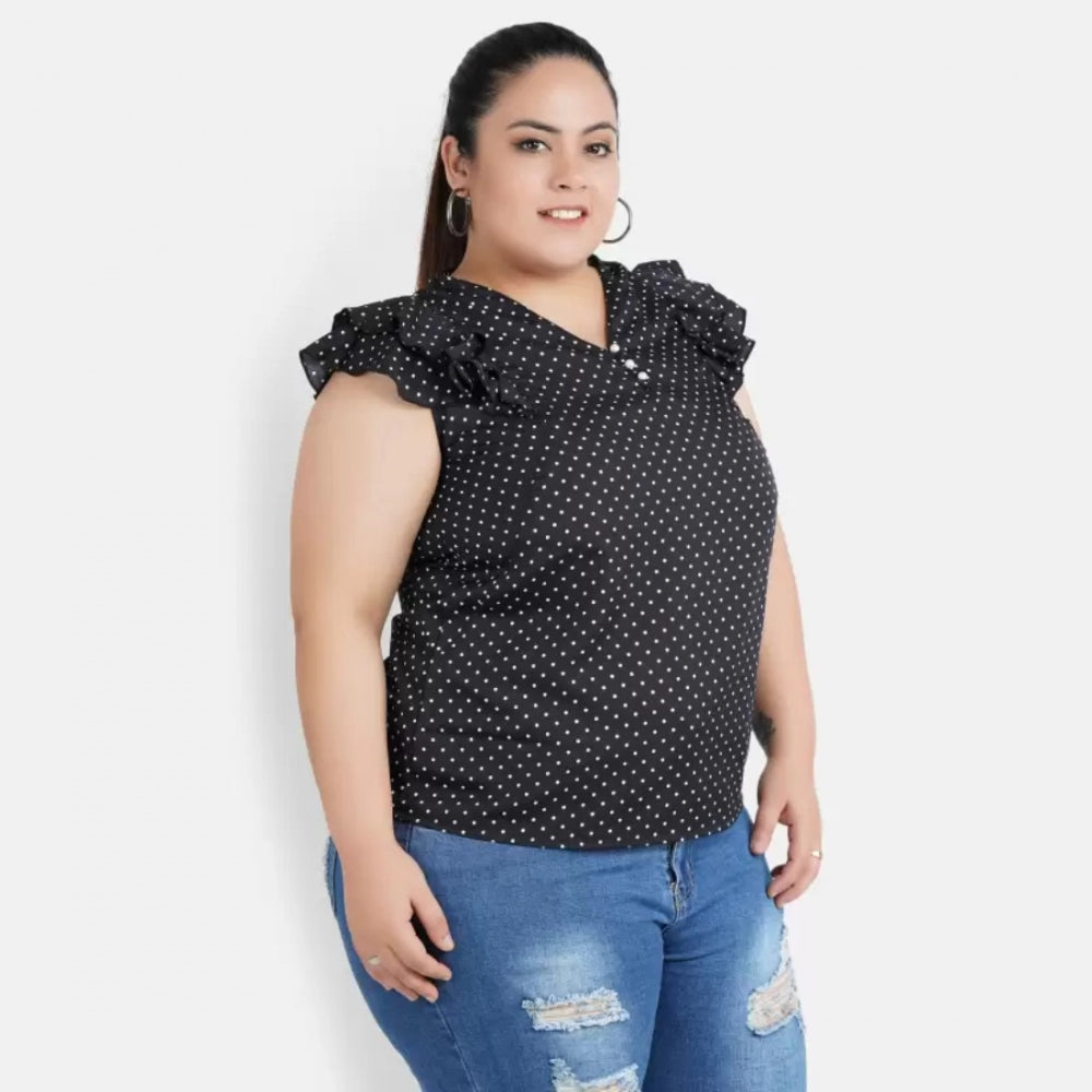 Generisches, lässiges schwarzes Top mit Flatterärmeln und Polka-Print für Damen (Farbe: Schwarz, Material: Krepp)