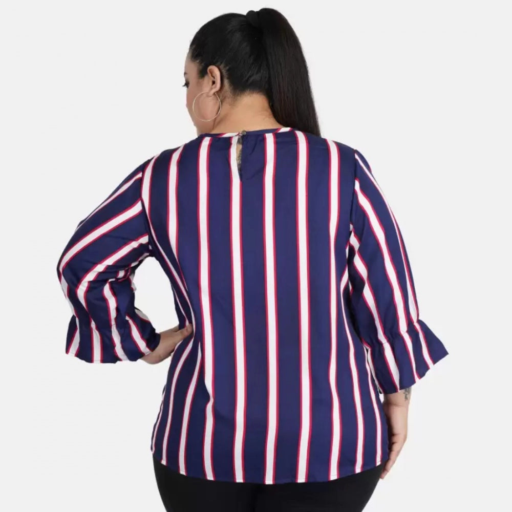 Generic Women's Casual Bell Sleeve Striped Blue Top (Color:Blue, Material:Crepe)