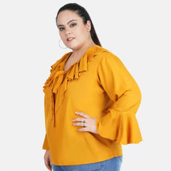 Generic Women's Casual Bell Sleeve Solid Yellow Top (Color:Yellow, Material:Georgette)