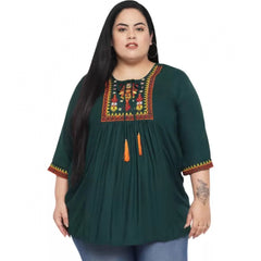 Generic Women's Casual Embroidered Dark Green Top (Color:Dark Green, Material:Rayon)