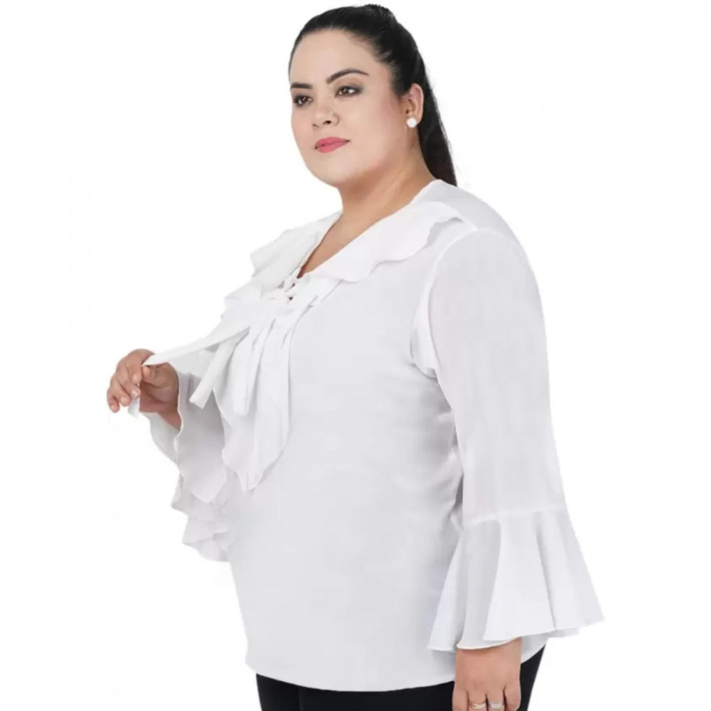 Generic Women's Casual Bell Sleeve Solid White Top (Color:White, Material:Georgette)