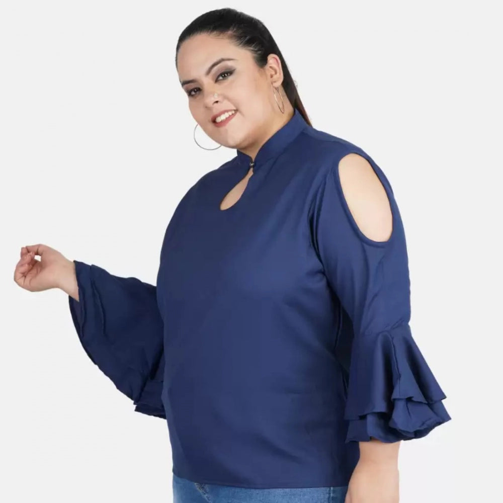 Generic Women's Casual Bell Sleeve Solid Blue Top (Color:Blue, Material:Crepe)