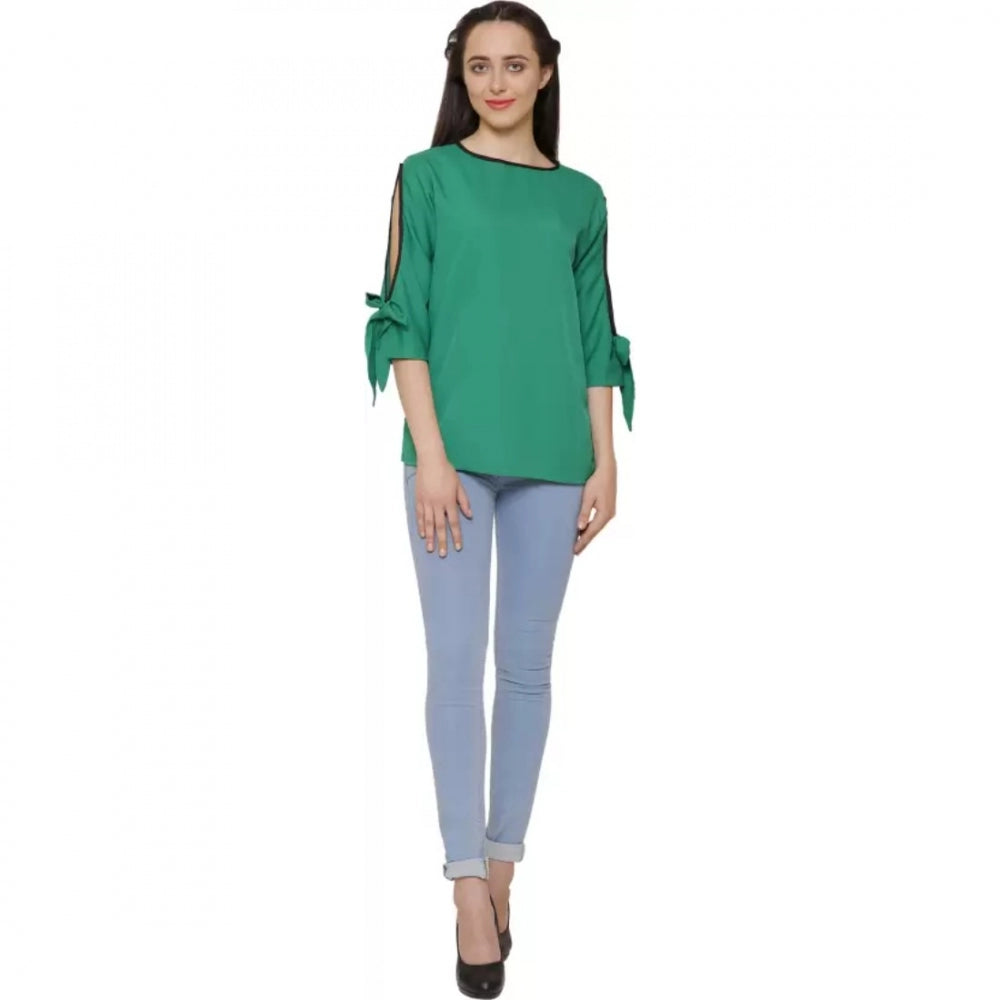 Generic Women's Casual Slit Sleeve Solid Green Top (Color:Green, Material:Poly Crepe)