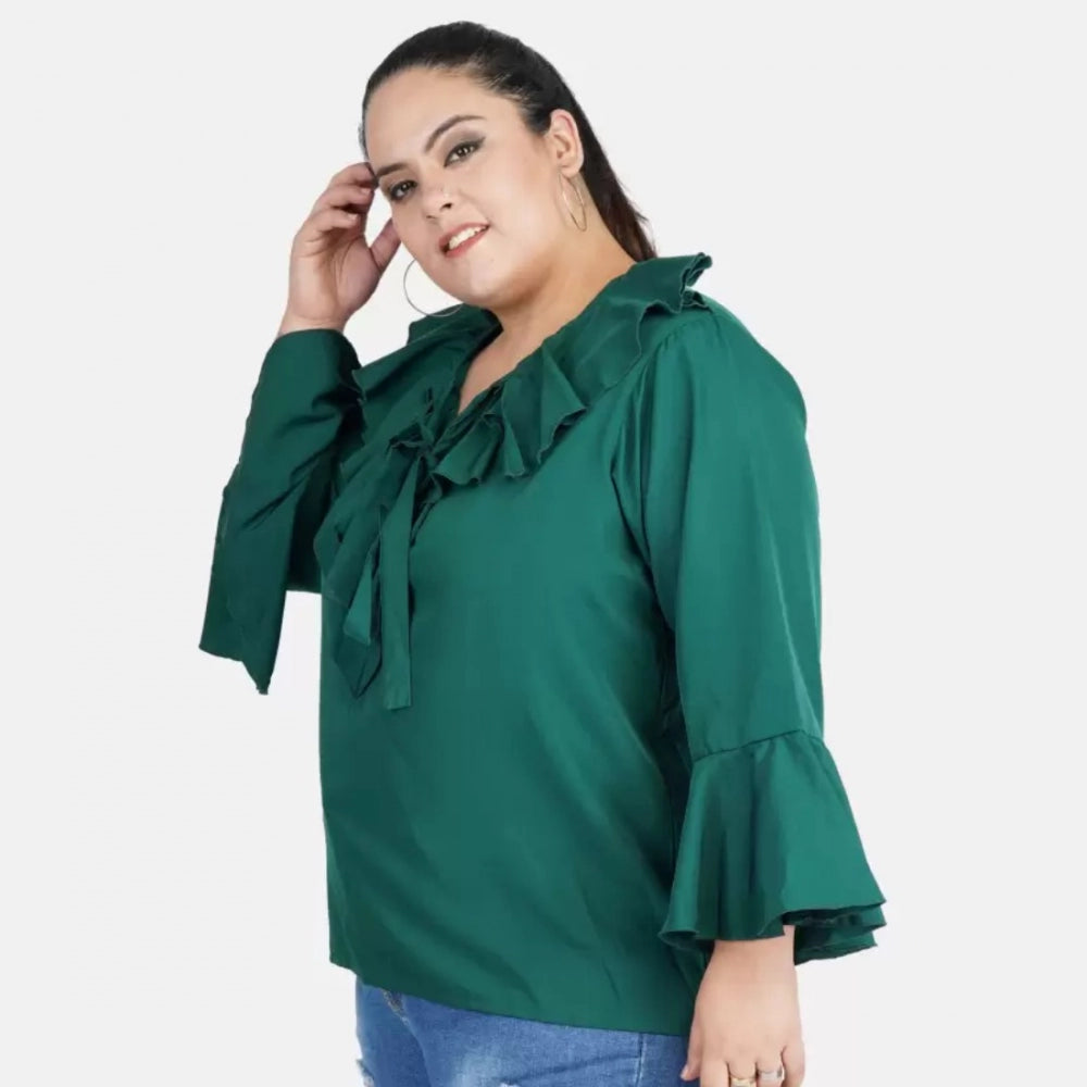 Generic Women's Casual Bell Sleeve Solid Green Top (Color:Green, Material:Georgette)