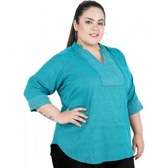 Generic Women's Casual Three Fourth Sleeve Embroidered Light Green Top (Color:Light Blue, Material:Cotton Linen Blend)