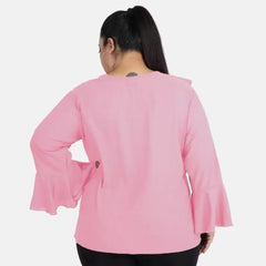 Generic Women's Casual Bell Sleeve Solid Pink Top (Color:Pink, Material:Georgette)