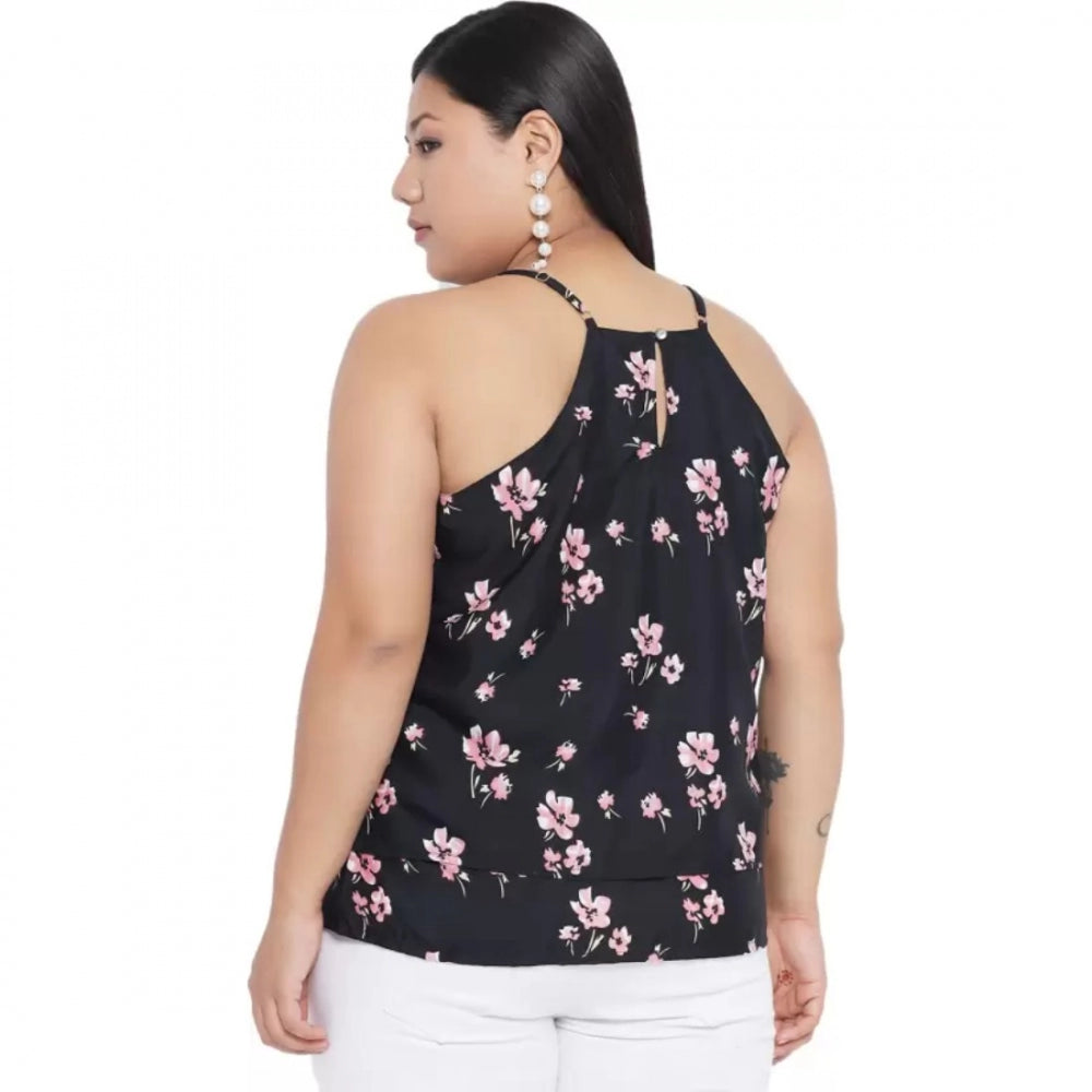 Generic Women's Casual Floral Print Black Top (Color:Black, Material:Polyester)