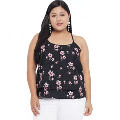 Generic Women's Casual Floral Print Black Top (Color:Black, Material:Polyester)