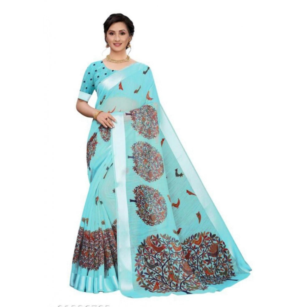 Generic Women's Cotton Silk Saree With Blouse (Sky Blue, 5-6mtrs)