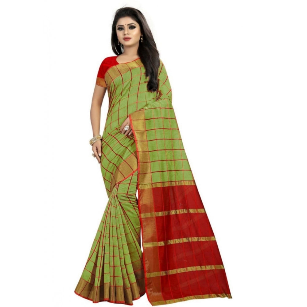 Generic Women's Cotton Silk Saree With Blouse (Parrot Green, 5-6mtrs)