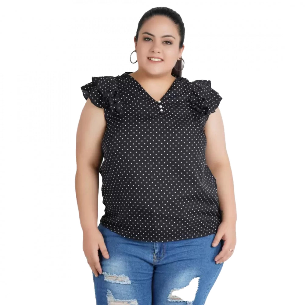 Generisches, lässiges schwarzes Top mit Flatterärmeln und Polka-Print für Damen (Farbe: Schwarz, Material: Krepp)