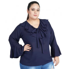 Generic Women's Casual Bell Sleeve Solid Blue Top (Color:Blue, Material:Georgette)