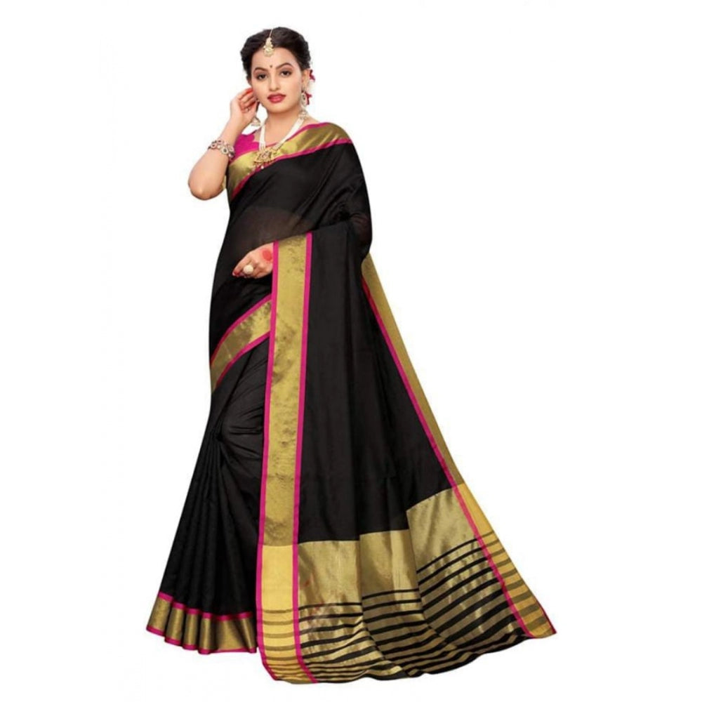 Generic Women's Cotton Silk Saree With Blouse (Black, 5-6mtrs)