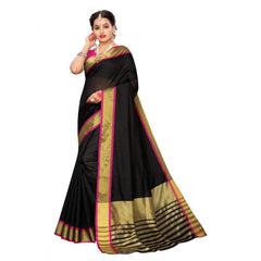 Generic Women's Cotton Silk Saree With Blouse (Black, 5-6mtrs)