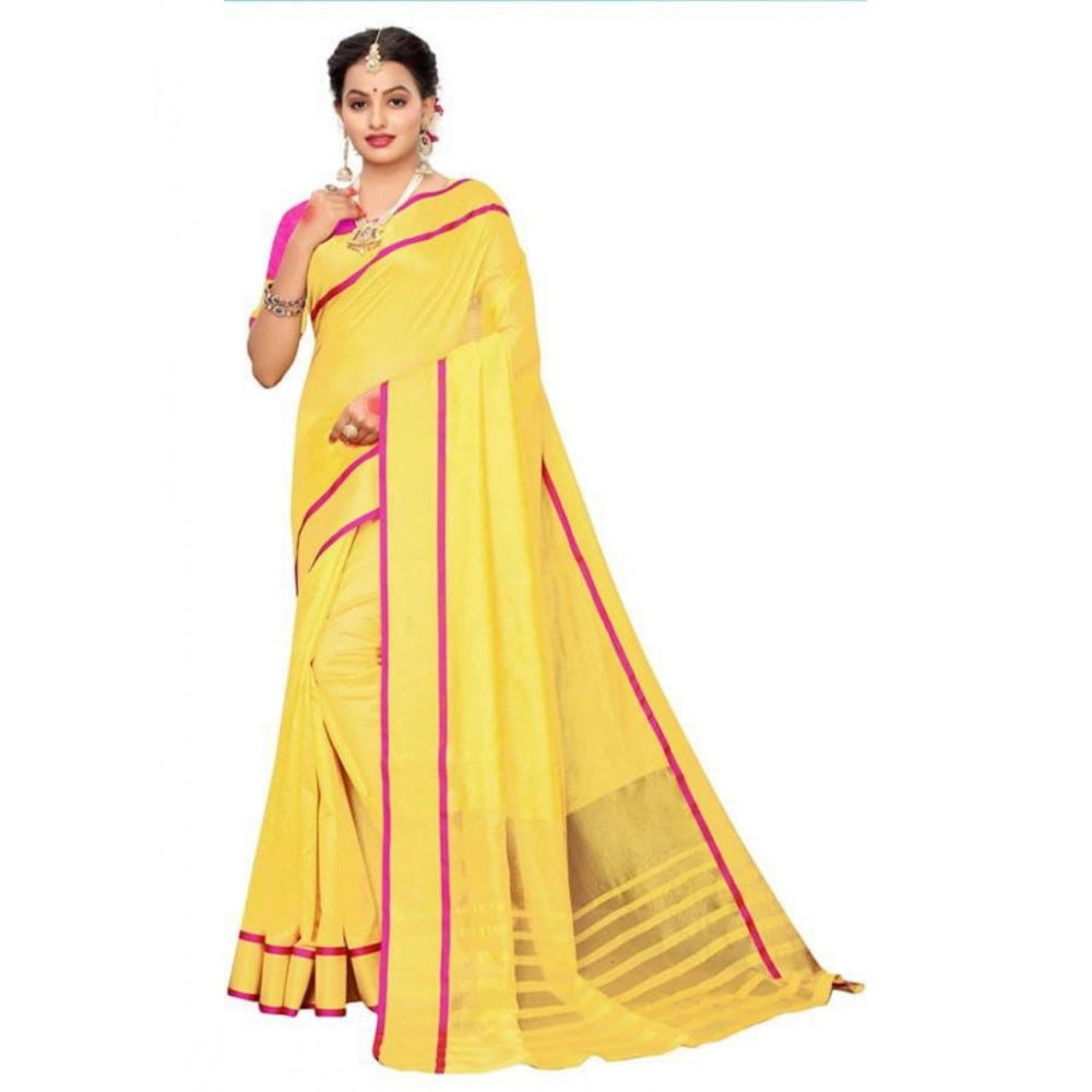 Generic Women's Cotton Silk Saree With Blouse (Yellow, 5-6mtrs)