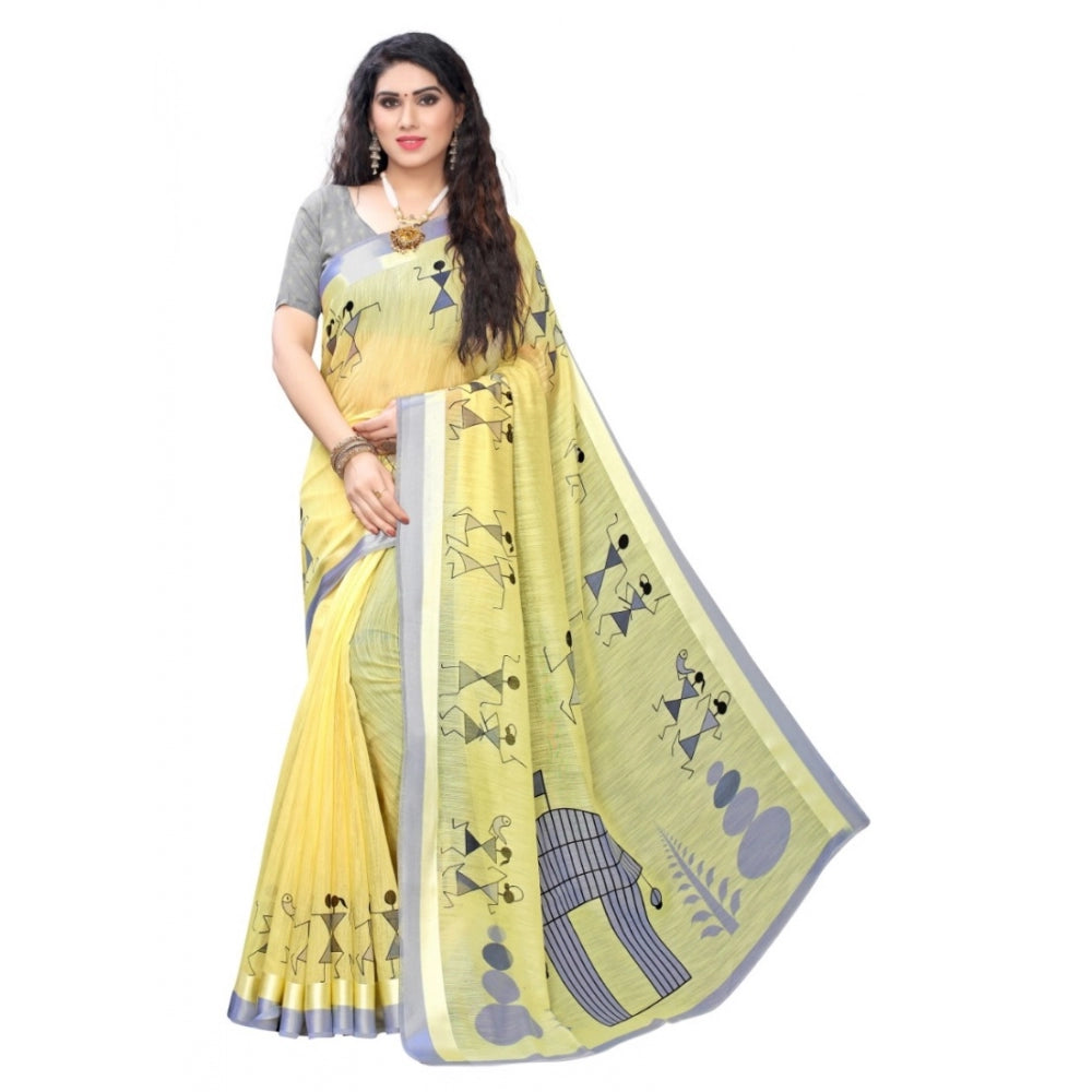 Generic Women's Cotton Silk Saree With Blouse (Yellow, 5-6mtrs)