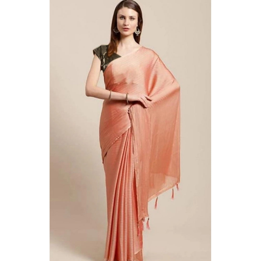 Generic Women's Cotton Silk Saree With Blouse (Peach, 5-6mtrs)