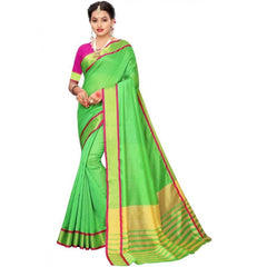 Generic Women's Cotton Silk Saree With Blouse (Parrot Green, 5-6mtrs)