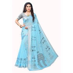 Generic Women's Cotton Silk Saree With Blouse (Blue, 5-6mtrs)