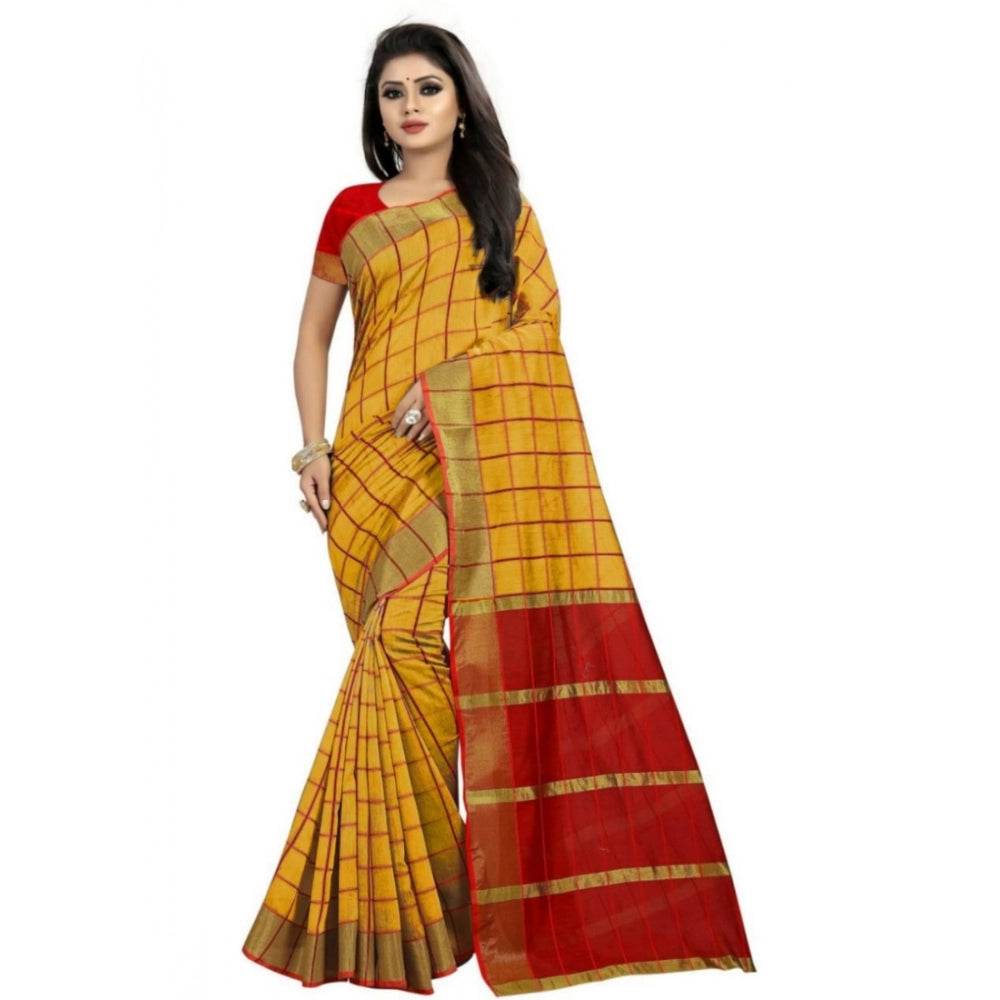 Generic Women's Cotton Silk Saree With Blouse (Yellow, 5-6mtrs)