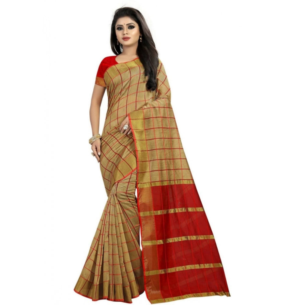 Generic Women's Cotton Silk Saree With Blouse (Beige, 5-6mtrs)