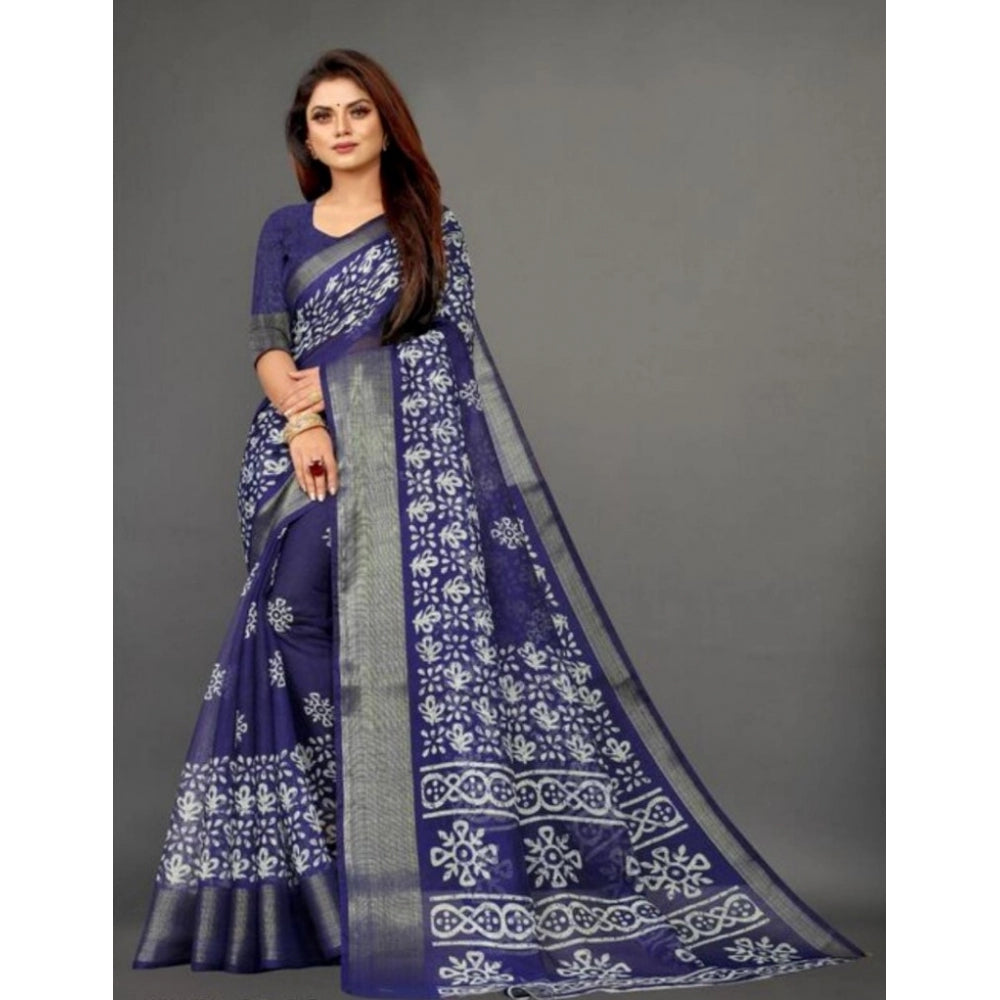 Generic Women's Cotton Silk Saree With Blouse (Navy Blue, 5-6mtrs)