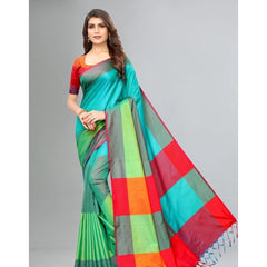 Generic Women's Cotton Silk Saree With Blouse (Turquoise Blue, 5-6mtrs)