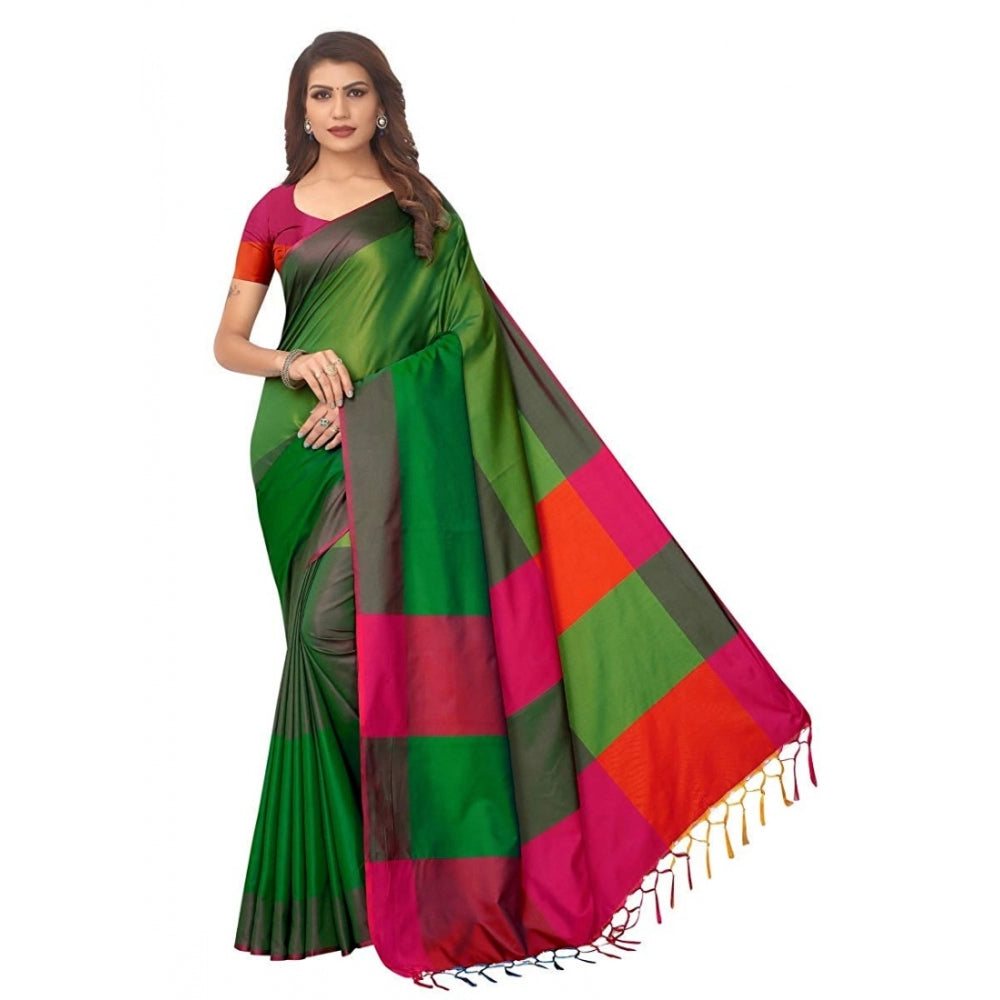 Generic Women's Cotton Silk Saree With Blouse (Green, 5-6mtrs)