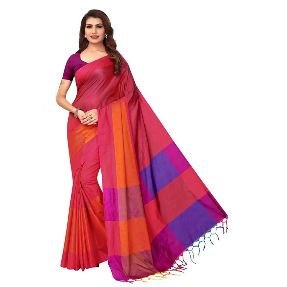 Generic Women's Cotton Silk Saree With Blouse (Red, 5-6mtrs)