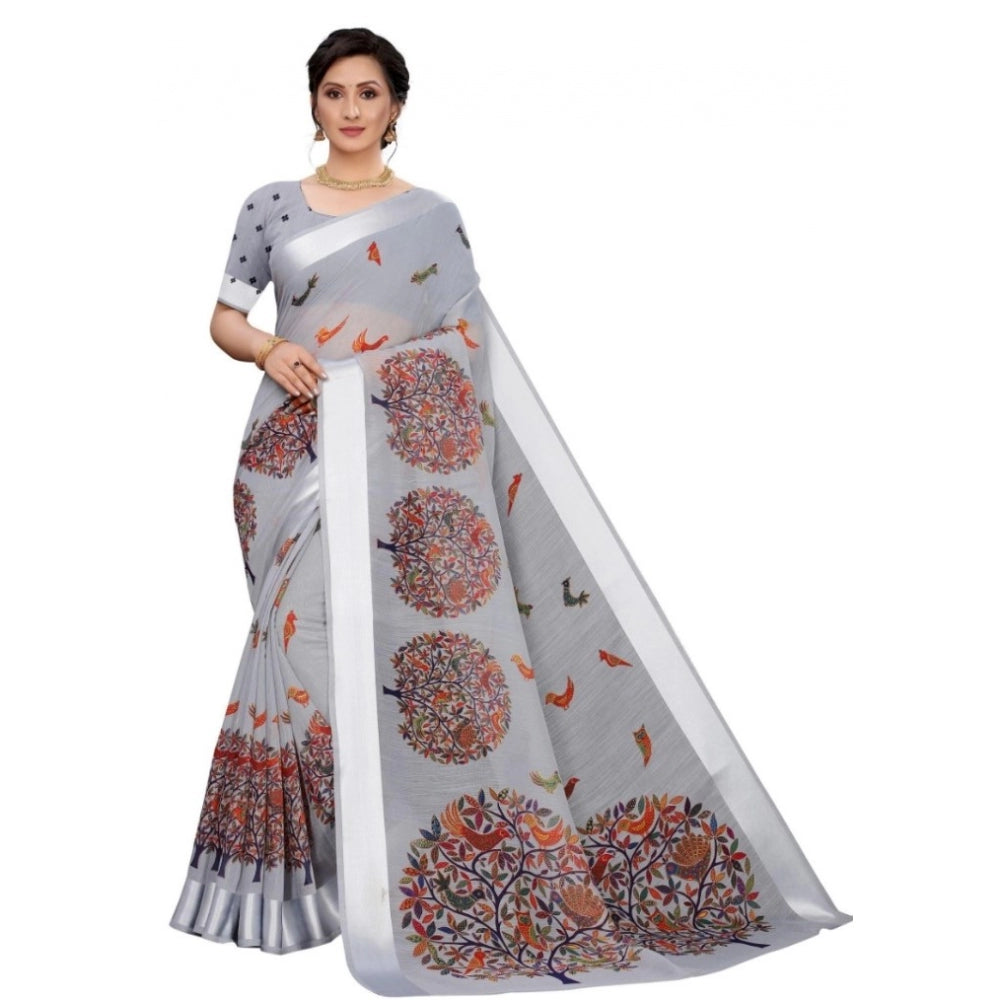 Generic Women's Cotton Silk Saree With Blouse (Grey, 5-6mtrs)