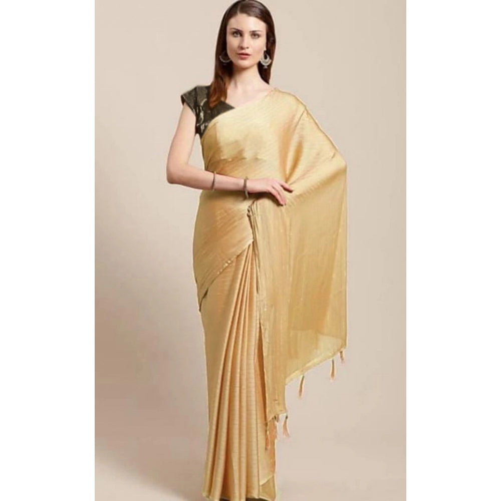 Generic Women's Cotton Silk Saree With Blouse (Beige, 5-6mtrs)