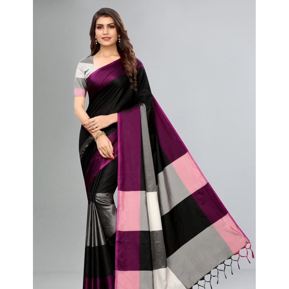 Generic Women's Cotton Silk Saree With Blouse (Black, 5-6mtrs)