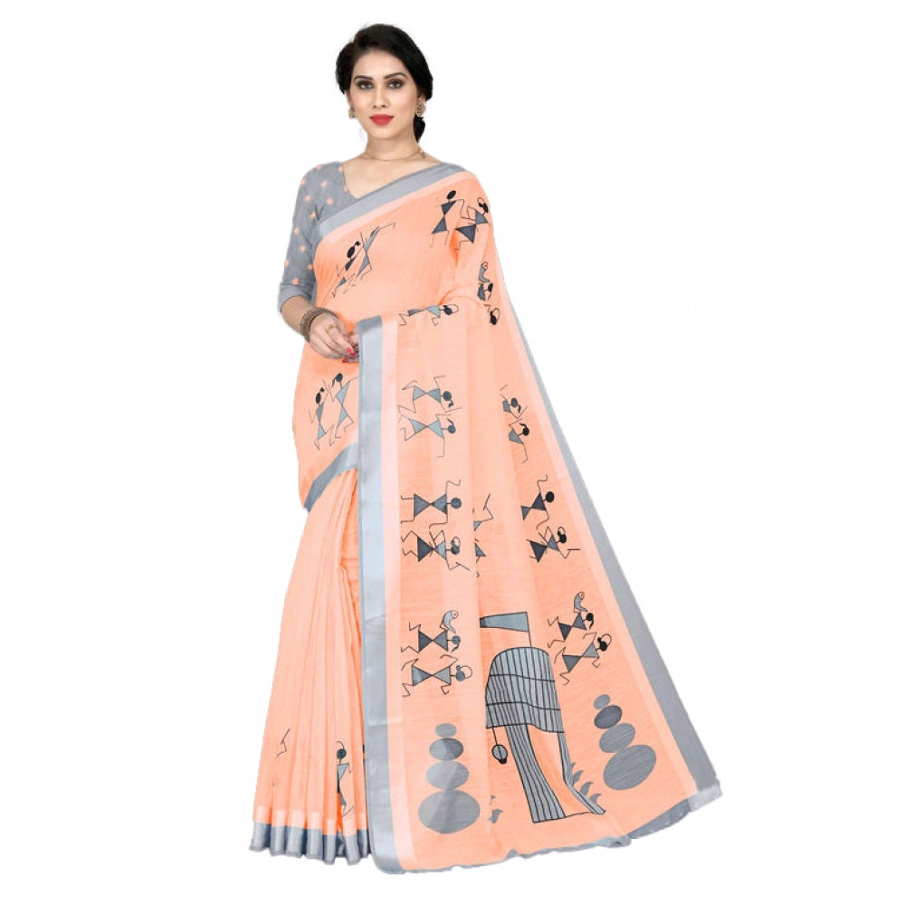 Generic Women's Cotton Silk Saree With Blouse (Peach, 5-6mtrs)