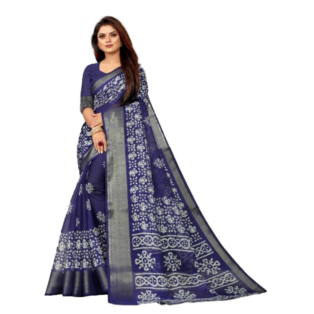 Generic Women's Cotton Silk Saree With Blouse (Navy Blue, 5-6mtrs)