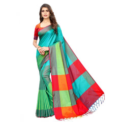 Generic Women's Cotton Silk Saree With Blouse (Turquoise Blue, 5-6mtrs)